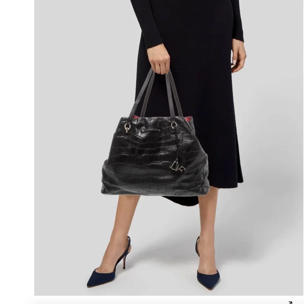 Diane von Furstenberg Black Croc Embossed Leather Tote Bag Red Interior DVF Logo